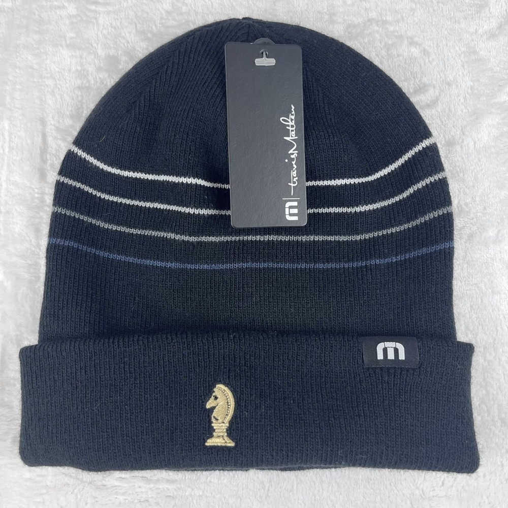 TravisMathew Striped Cuffed Beanie Winter Hat Black One Size NWT